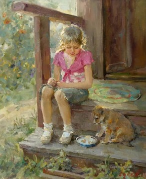ペットと子供 Painting - 美しい女の子の子犬 VG 13 ペットの子供たち